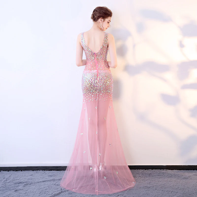 2025 G236/sexy perspective dress mesh long dress deep V-neck hand-sewn diamond long car show dress - Deanwangkt