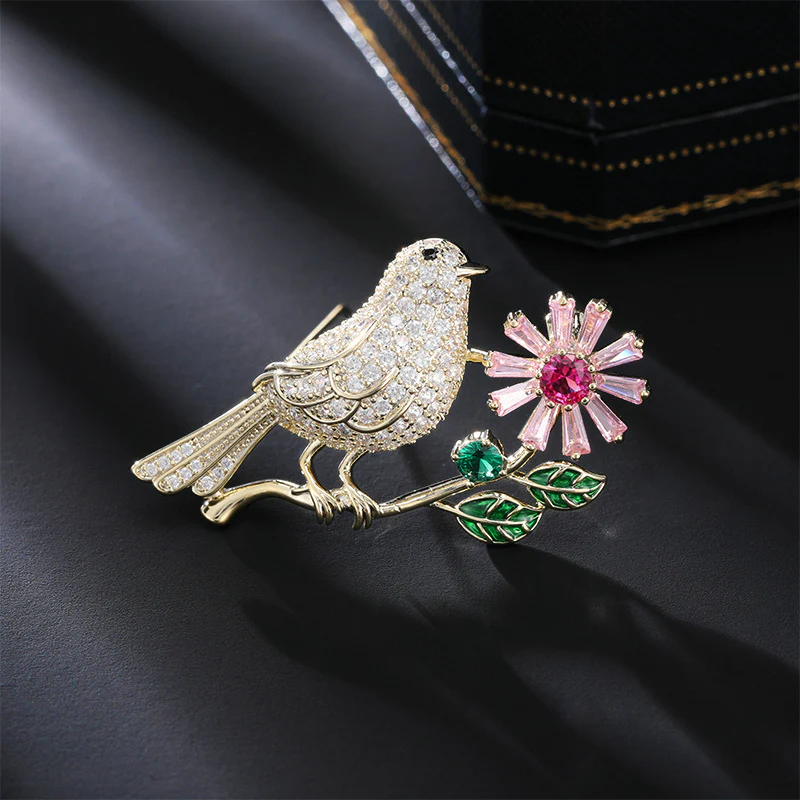 2025 Korean version of fashion magpie brooch flower cute zircon pin elegant temperament suit cheongsam clothes accessories women - Deanwangkt