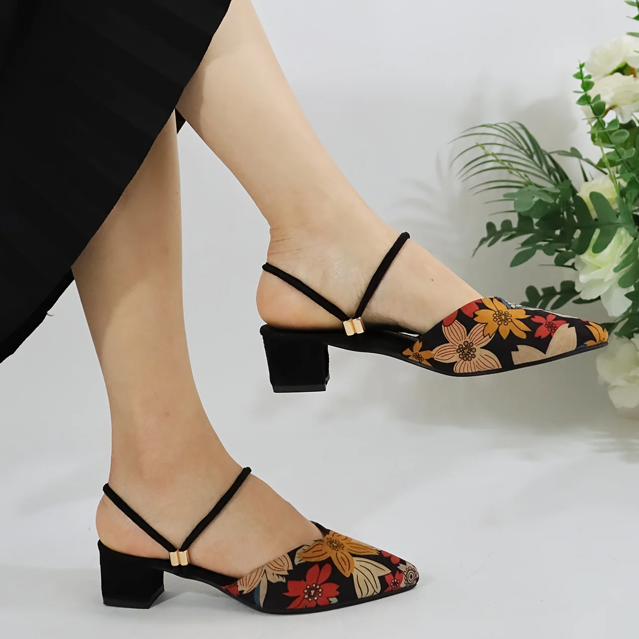 deanwangkt  Women's Flower Pattern Chunky Heels, Elegant Point Toe Dress Pumps, Fashion Two-way Wear Heels - Deanwangkt