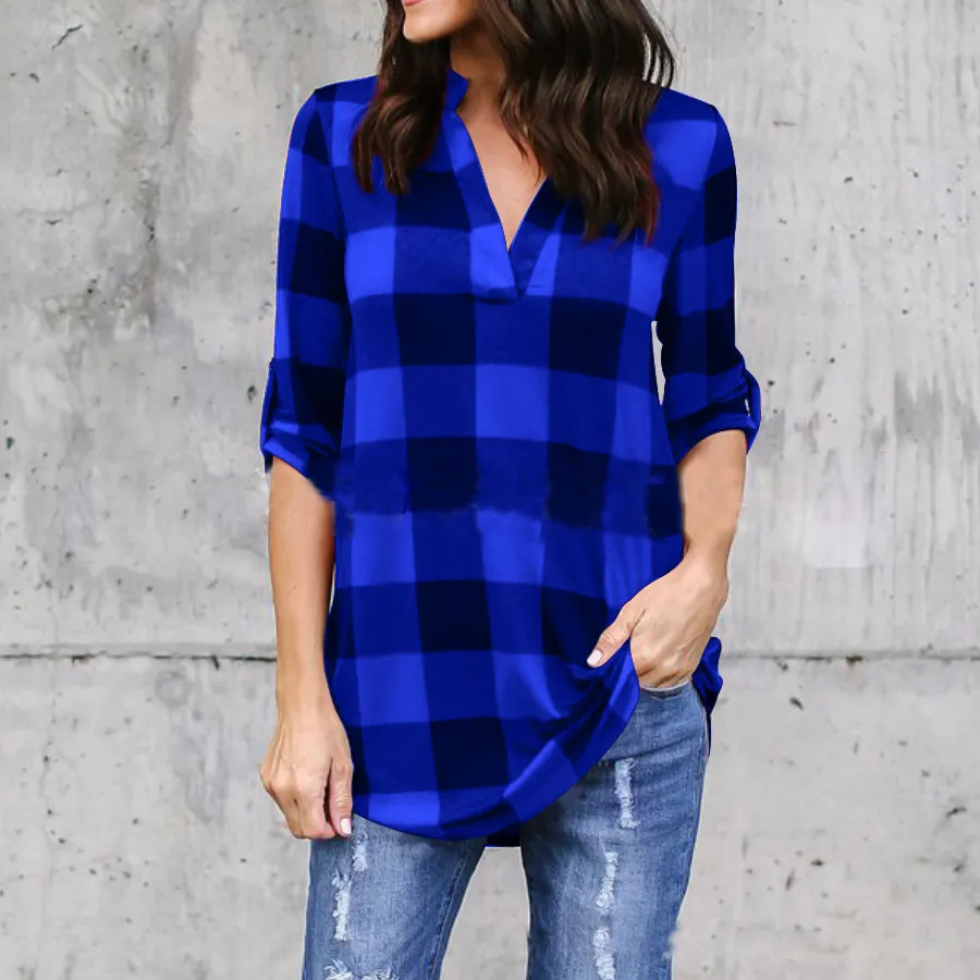 Blouses Women Plaid Shirt V-neck Shirt Women Black and Red Ladie Top Chemise Cotton Plaid Women Tops Casual Blouse Shirt - Deanwangkt