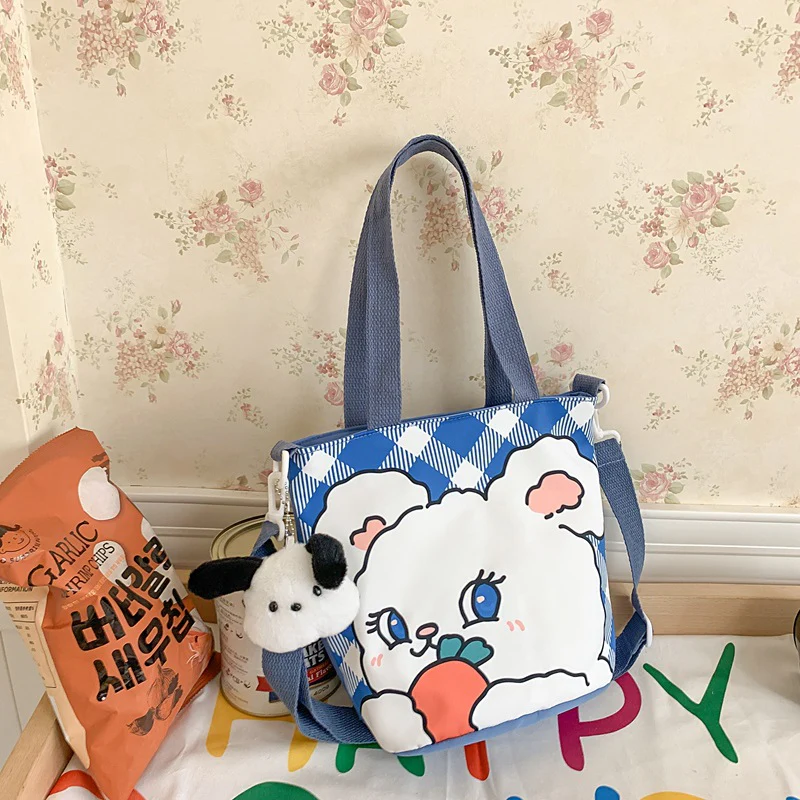 DEANWANGKT 2025 ins cute cartoon graffiti canvas bag Korean version bucket bag girl soft girl handbag shoulder messenger bag - Deanwangkt