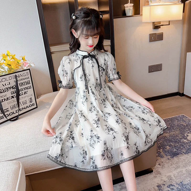 Children's Cheongsam Dress for Girls Dress Summer  New Big Children and Girls Fashionable Short Sleeve Chinese Ink Style Summer - Deanwangkt