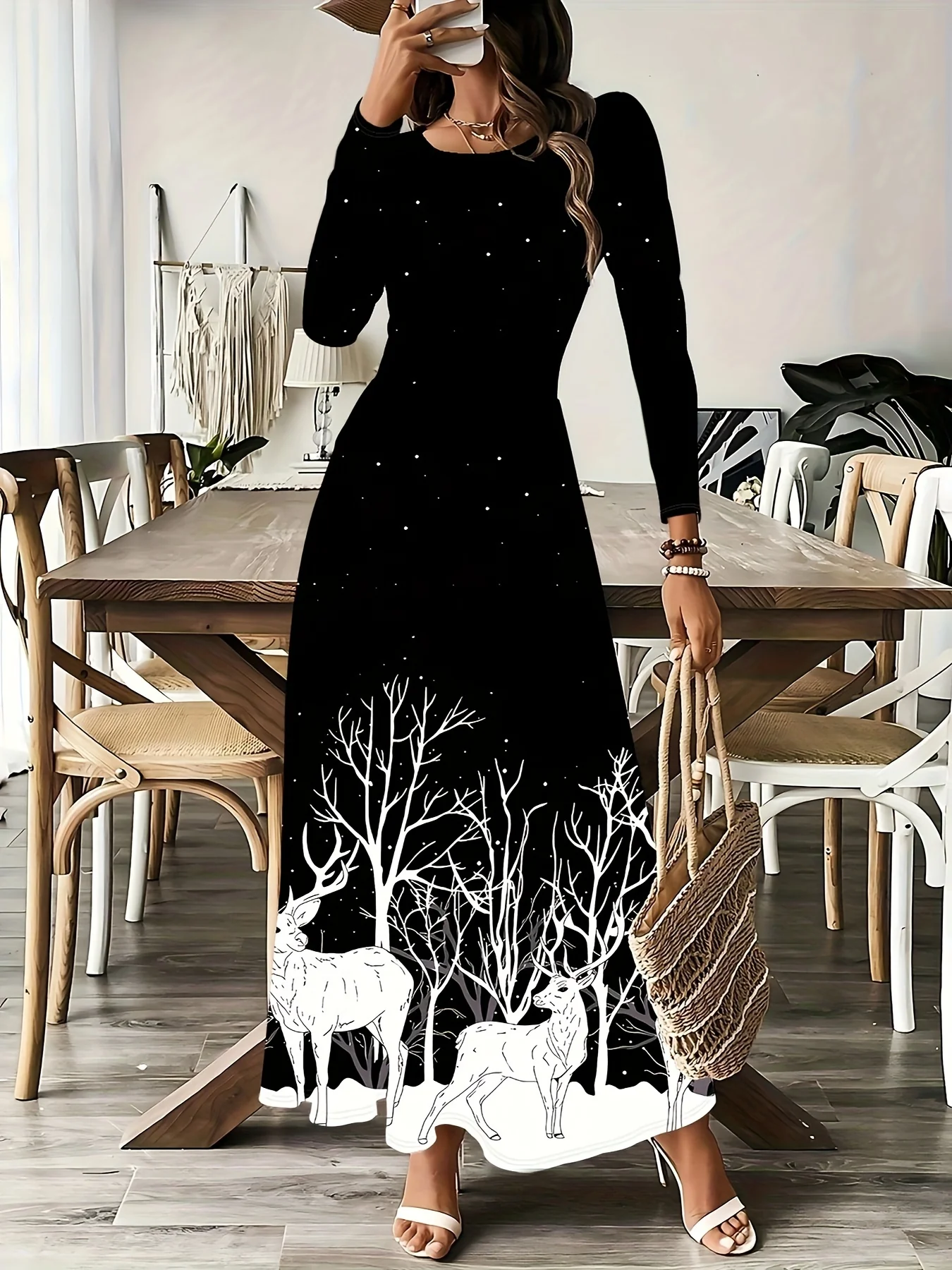 Stunning Floral A-Line Dress - Soft Polyester Knit Fabric, Round Neck, Long Sleeves, Patchwork Details, Christmas Patterns - Perfect for Spring and Fall Seasons - Deanwangkt