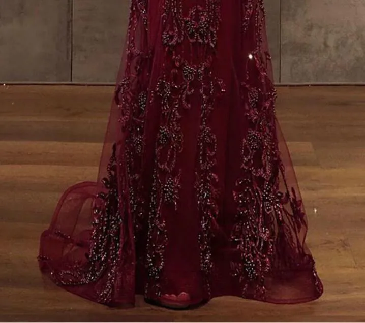 arabic aso ebi burgundy lace beaded evening dresses mermaid sheer neck prom dresses long sleeves formal party second reception gowns - Deanwangkt