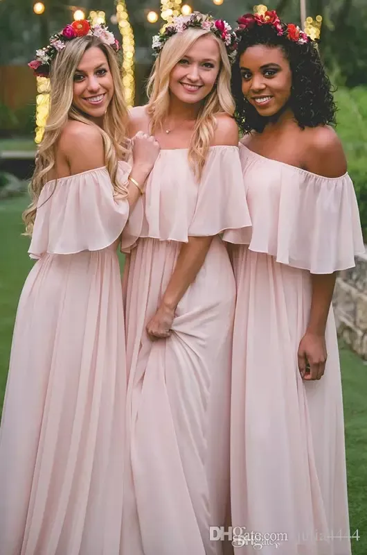 Vintage Blush Country Bridesmaid Dresses  Modest Off the shoulder Chiffon Beach Bohemian Junior Maid of Honor Wedding Guest Gowns - Deanwangkt