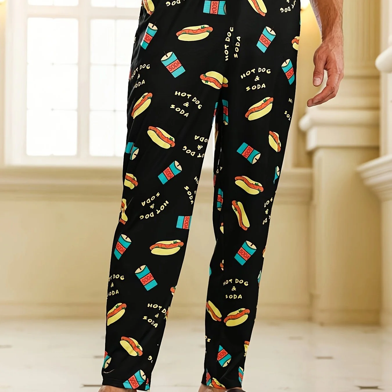 Men's Trendy Hamburger Soda Drinks Print Loose Pajama Pants, Stylish All-match Pants, Comfy & Breathable For Summer - Deanwangkt