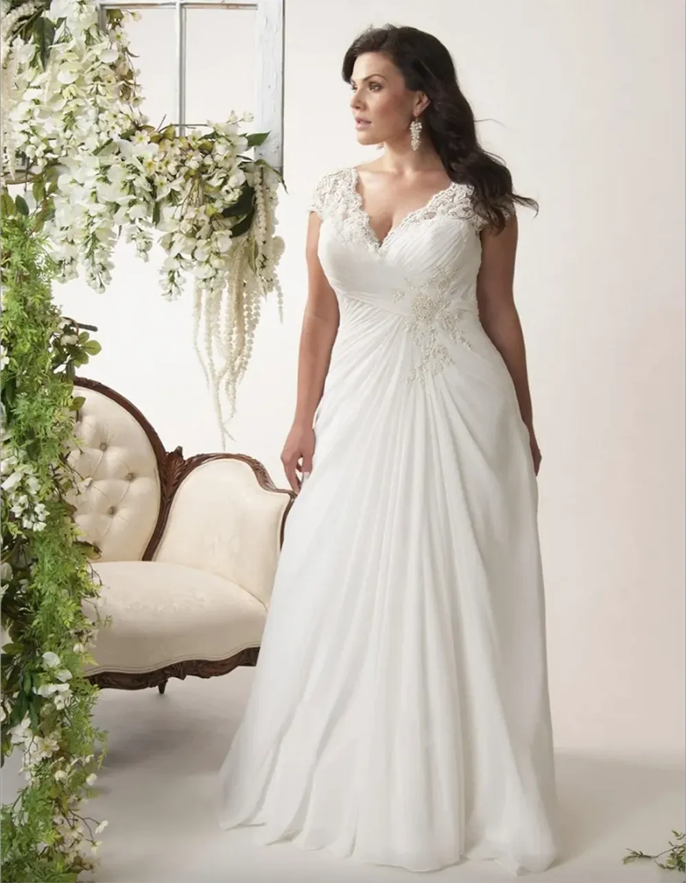 V-neck Cap Sleeves Plus Size Wedding Dresses Chiffon Appliqued Lace Open Back Drape Side Ruched Bodice Bridal Gown - Deanwangkt