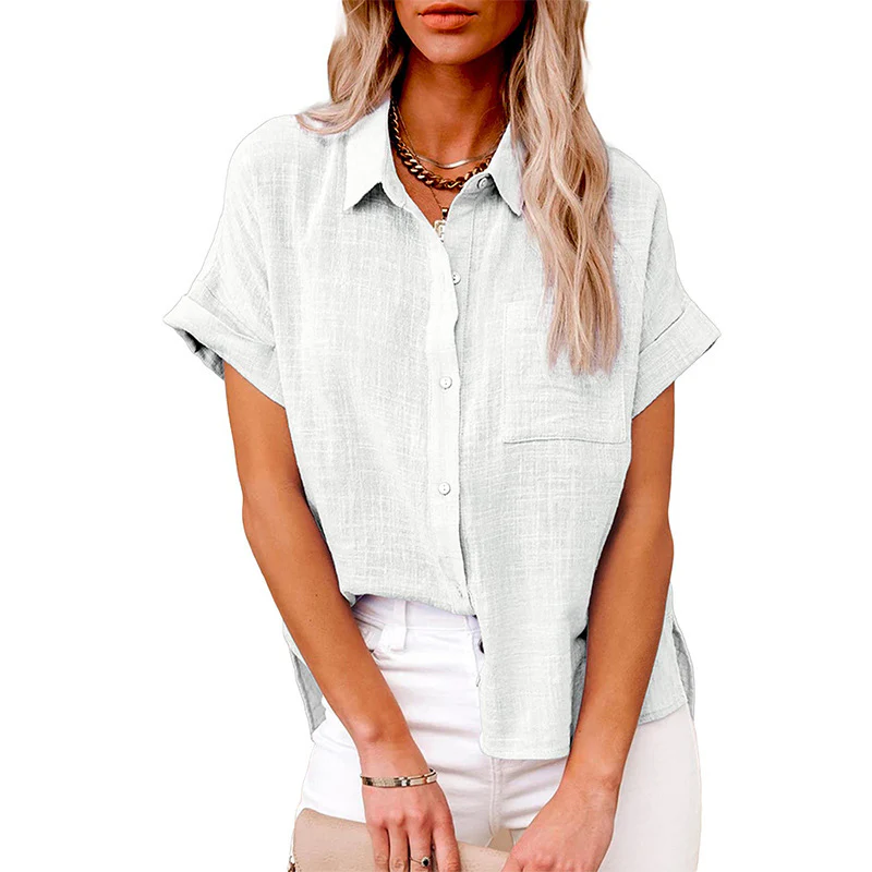DEANWANGKT  Temu Summer New  Cross Border Women's Solid Color Linen Shirt Short Sleeve Casual Loose Shirt - Deanwangkt