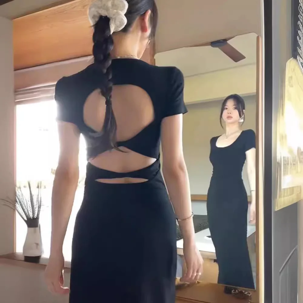 Pure Desire Style Backless Short Sleeve Dress Women's Summer 2025 New Waist-Controlled Slim Fit Slimming Design Hot Girl Dress - Deanwangkt