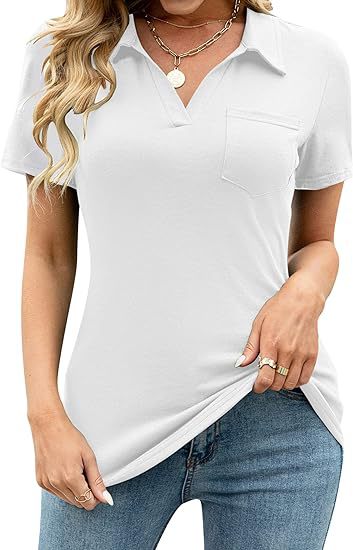 DEANWAQNGKT  Spring and Summer New   Cross Border Foreign Trade Solid Color Short Sleeve Lapel Pocket Loose-Fitting T-shirt Top Women - Deanwangkt