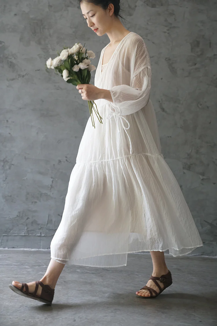 cool diagonal placket lace-up age-reducing dress, national style light Chinese Tencel crumpled long skirt L2115 - Deanwangkt