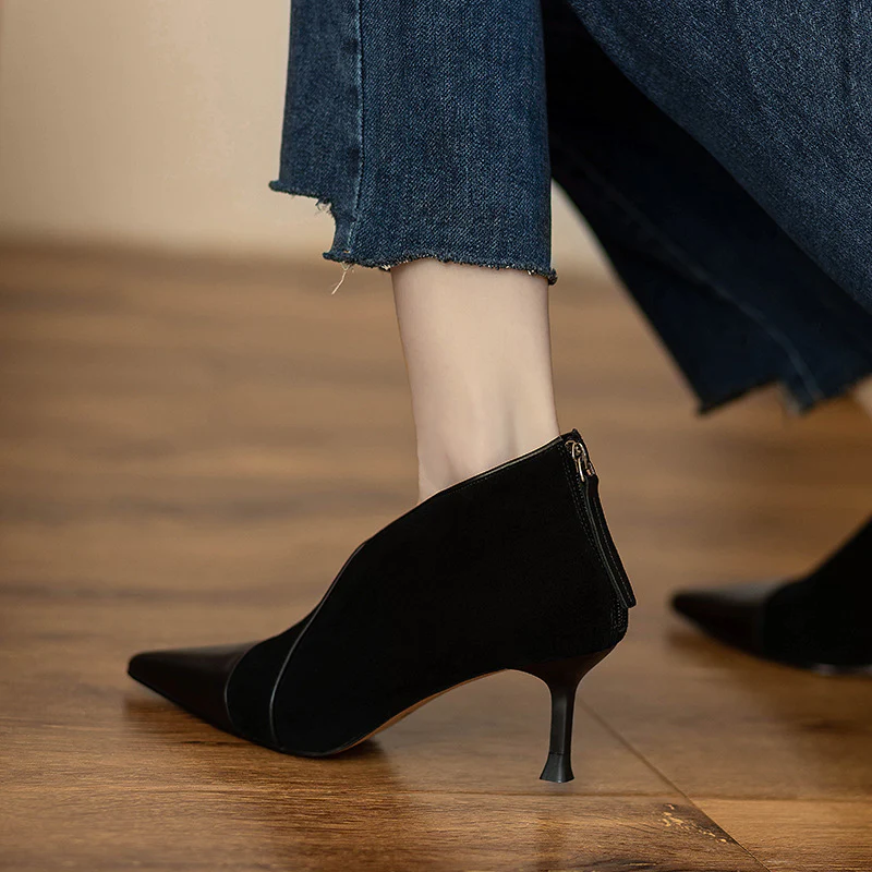 2025  Suede high-heeled short boots women's autumn and winter popular new pointed stiletto and ankle boots fashion boots high heels - Deanwangkt