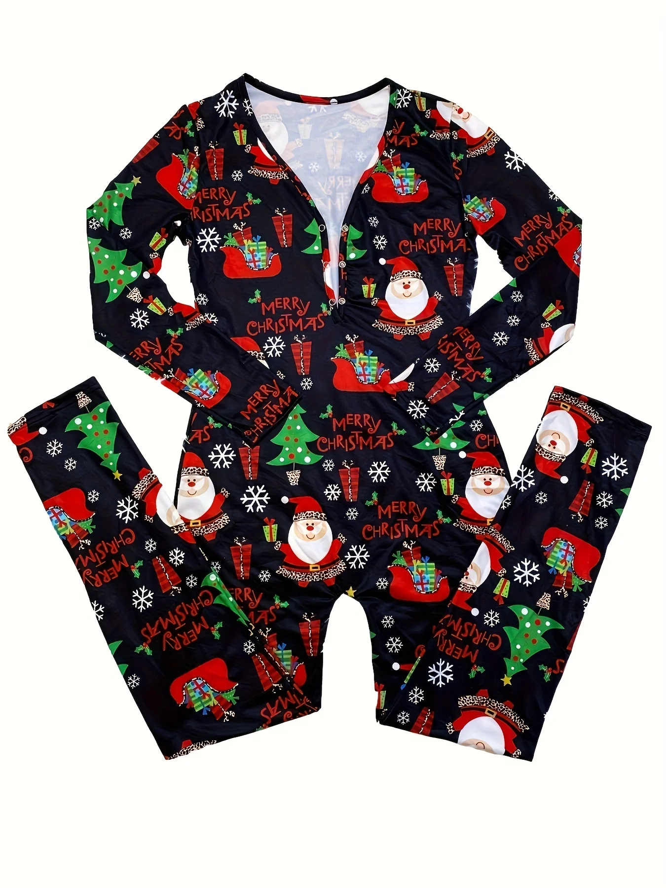 Cozy Festive Lounge Jumpsuit - Soft Long Sleeve, V Neck, Button Front, Relaxed Fit, Comfy Women's Loungewear & Sleepwear for Christmas - Deanwangkt