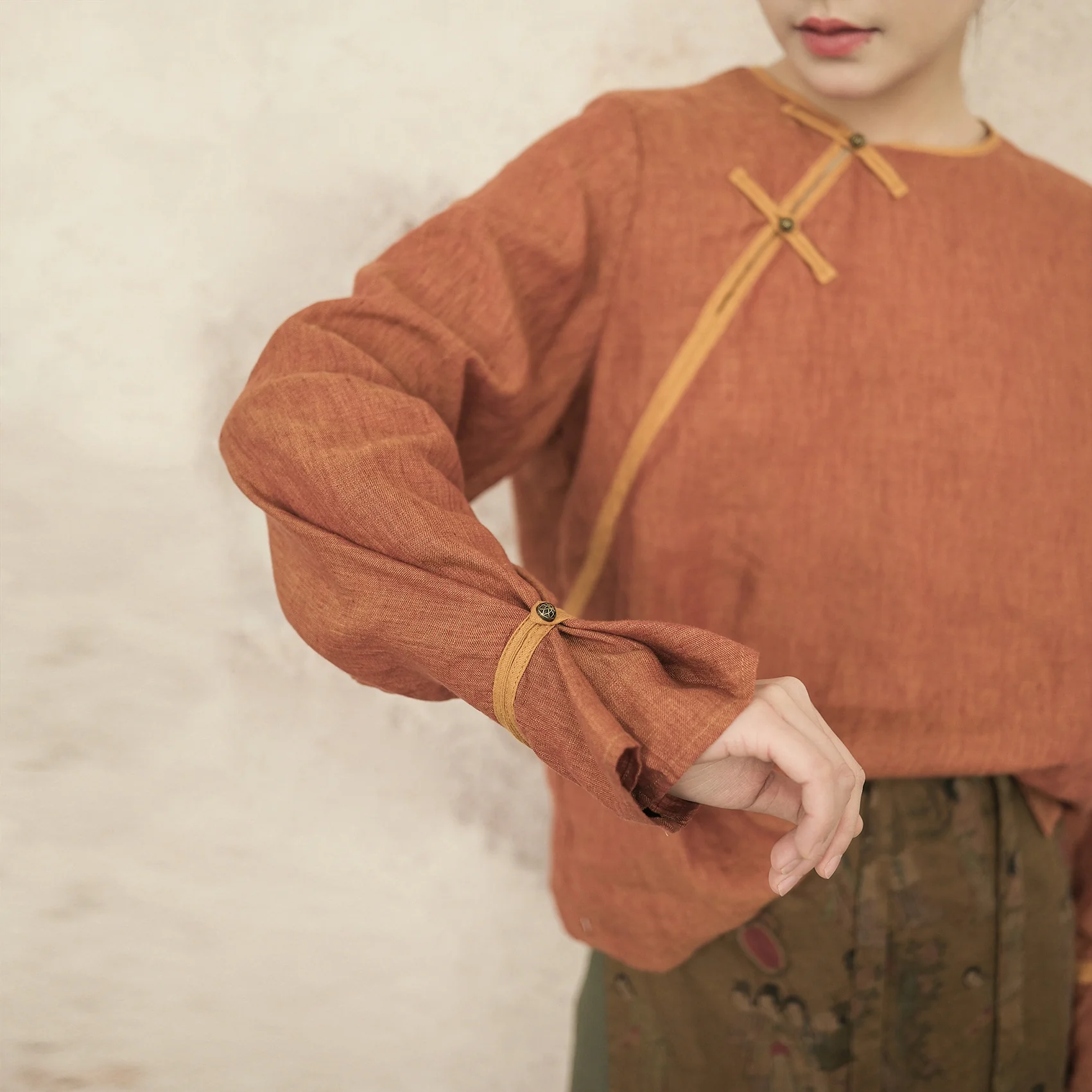 design Oriental aesthetic yarn-dyed linen contrasting top, light Chinese diagonal flared sleeve shirt S23036 - Deanwangkt