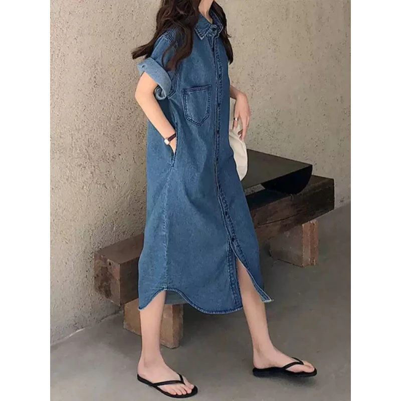 summer new Korean version loose large size denim shirt skirt medium and long tall and thin dress, women - Deanwangkt