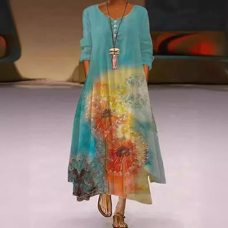 DEANWANGKT Independent Station Wish  Popular New Pattern Print Long Sleeve Dress Women's Hem Irregular Long Dress in Stock - Deanwangkt