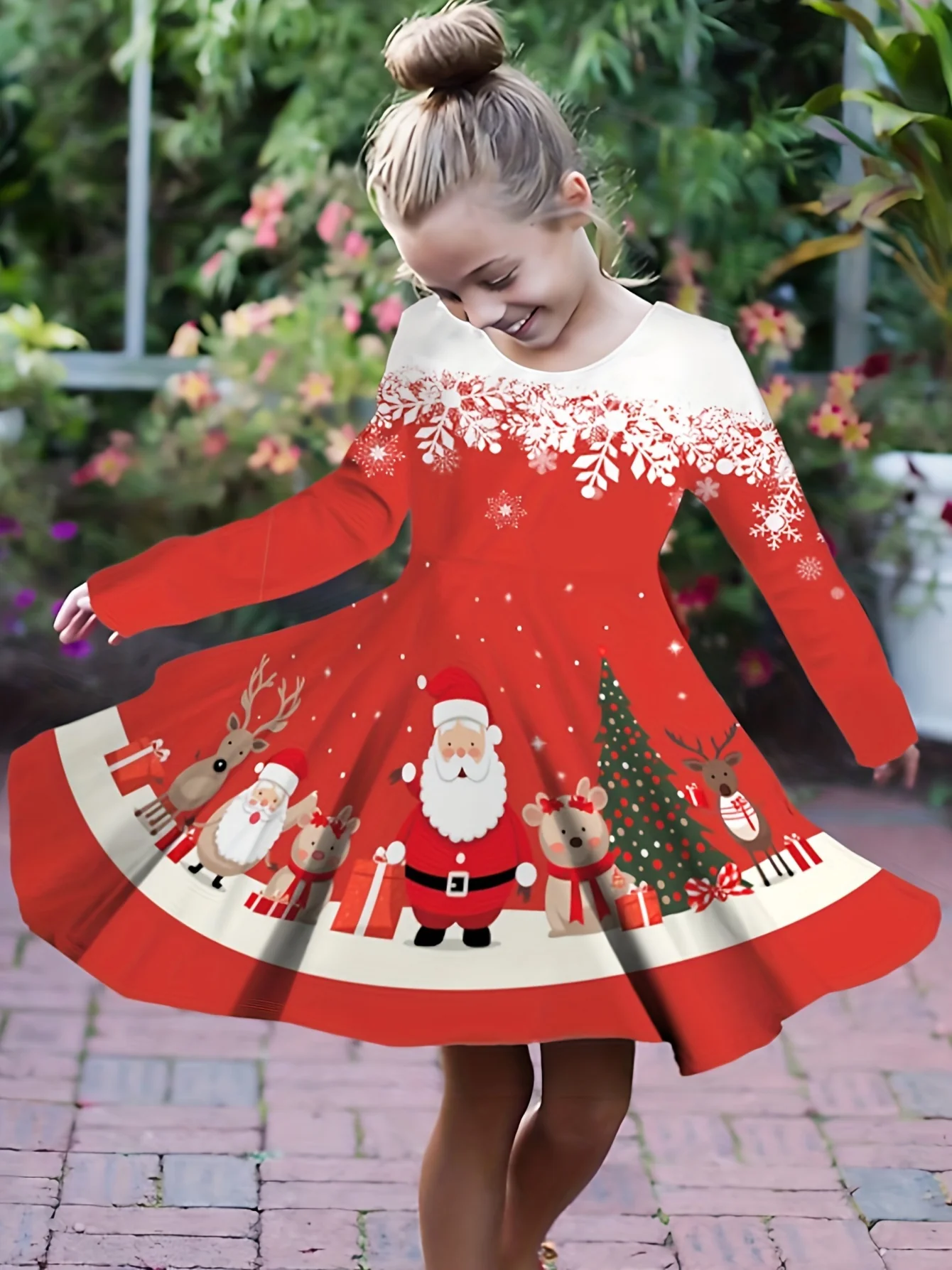 For Spring Fall Christmas Gift, Long Sleeve Girls Sweet Santa & Christmas Tree Graphic Dress - Deanwangkt