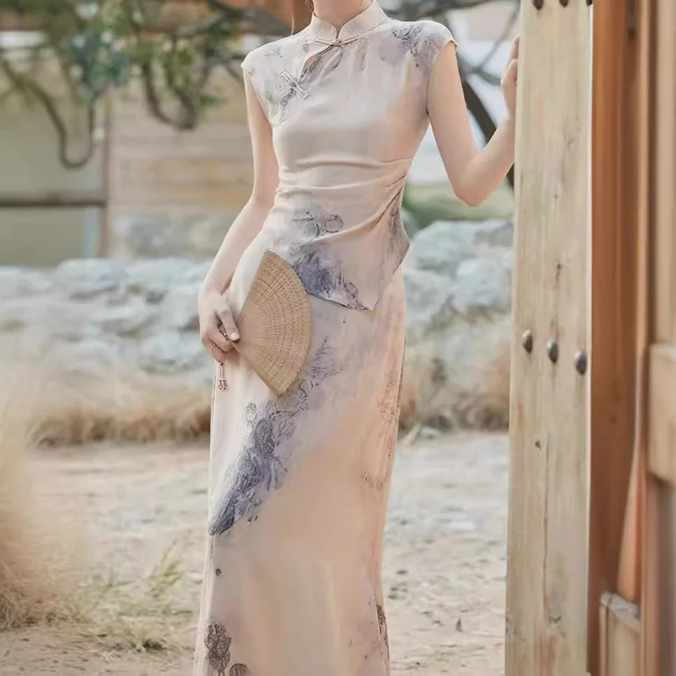 2025 Summer grass and wood dye floating Chinese style daily versatile stand-up collar top + skirt two-piece set - Deanwangkt