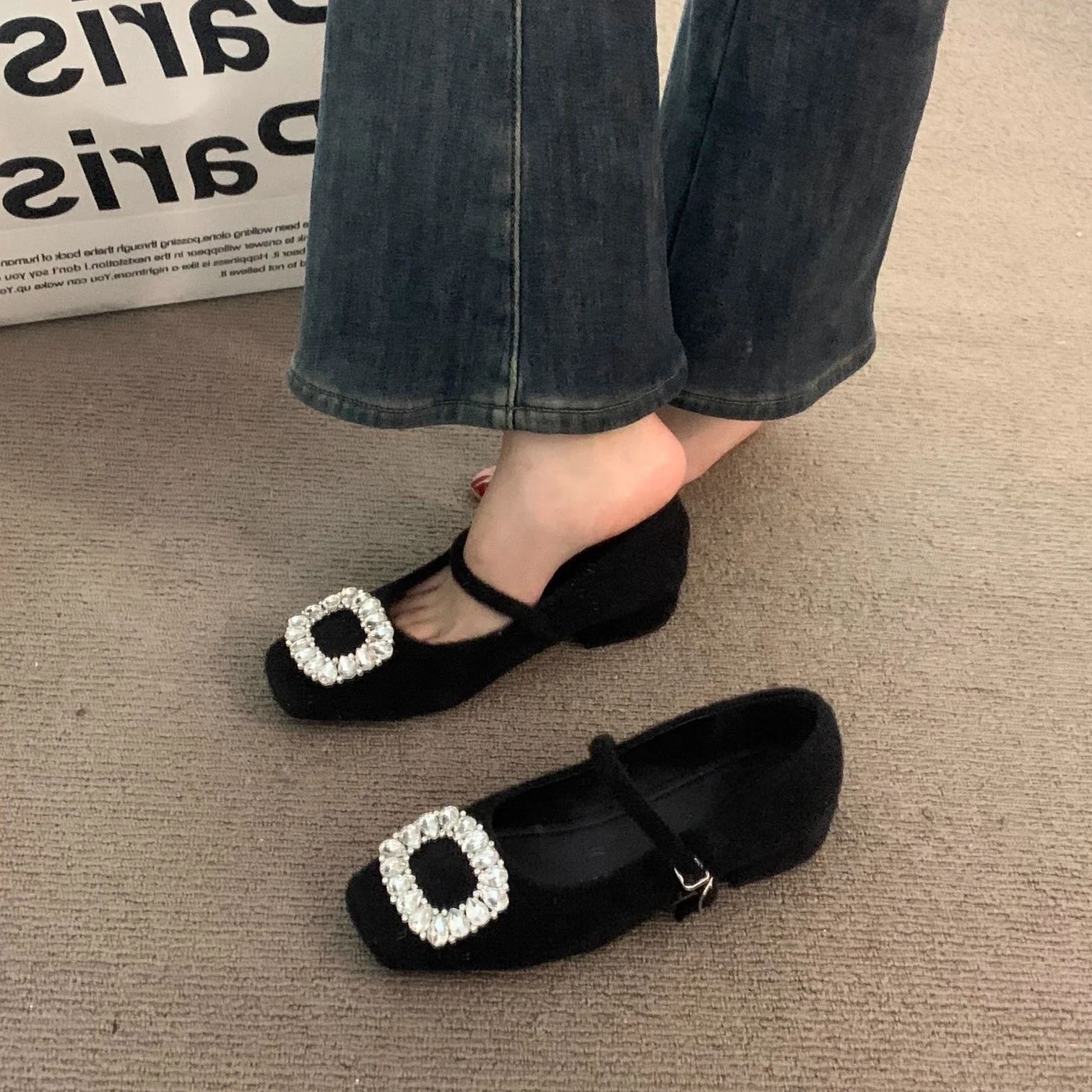 2025  gray thick heel rhinestone single shoes women's shoes 2025 new spring skirt gentle evening grandma shoes - Deanwangkt