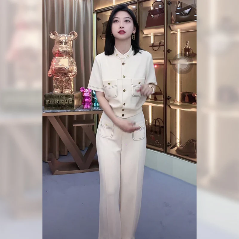 DEANWANGKT  Summer High-Grade Classic Style Graceful and Fashionable Western Style Small Shirt Top Casual Trousers Two-Piece Suit for Women - Deanwangkt