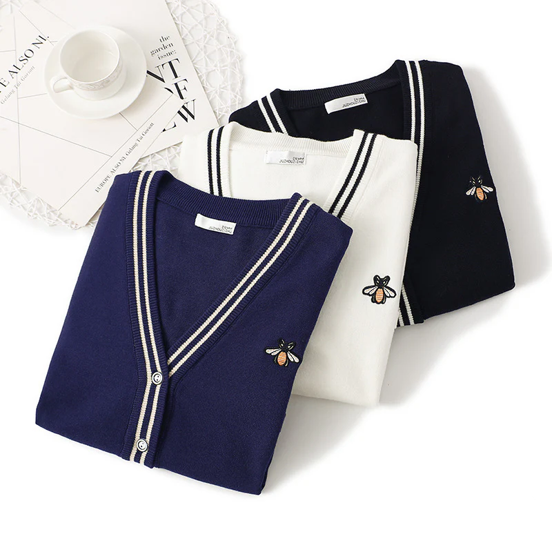 DEANWANGKT High-quality sweater women's new autumn and winter embroidery little bee thick knitted sweater top cardigan jacket in New - Deanwangkt
