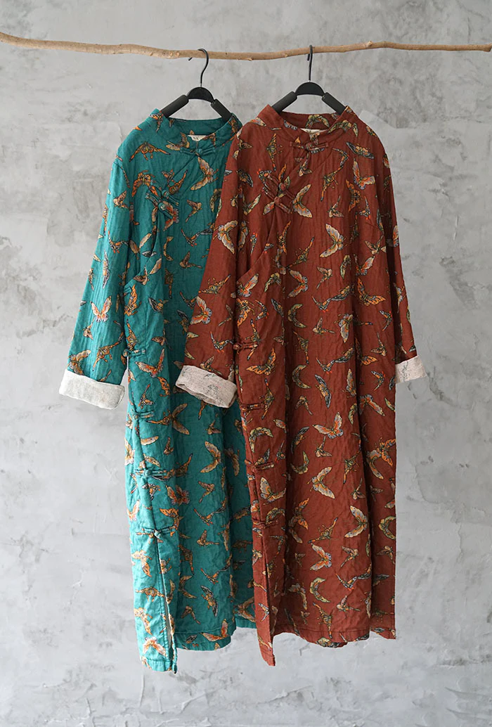 double-layer cotton butterfly print handmade buckle cheongsam improved Chinese dress L1842 elegant - Deanwangkt