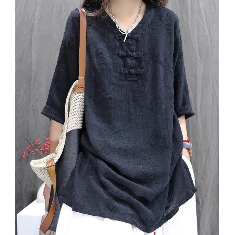 Cotton and linen women's clothing  summer new jacquard loose temperament V-neck buckle Popular style versatile medium-sleeved shirt women - Deanwangkt