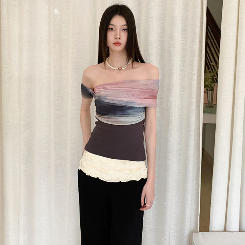DEANWANGKT  Women's T-shirt Artistic Blooming New Chinese Short-Sleeved Shirt Women's Niche Design Slim Fit Patchwork off-Shoulder T-shirt - Deanwangkt