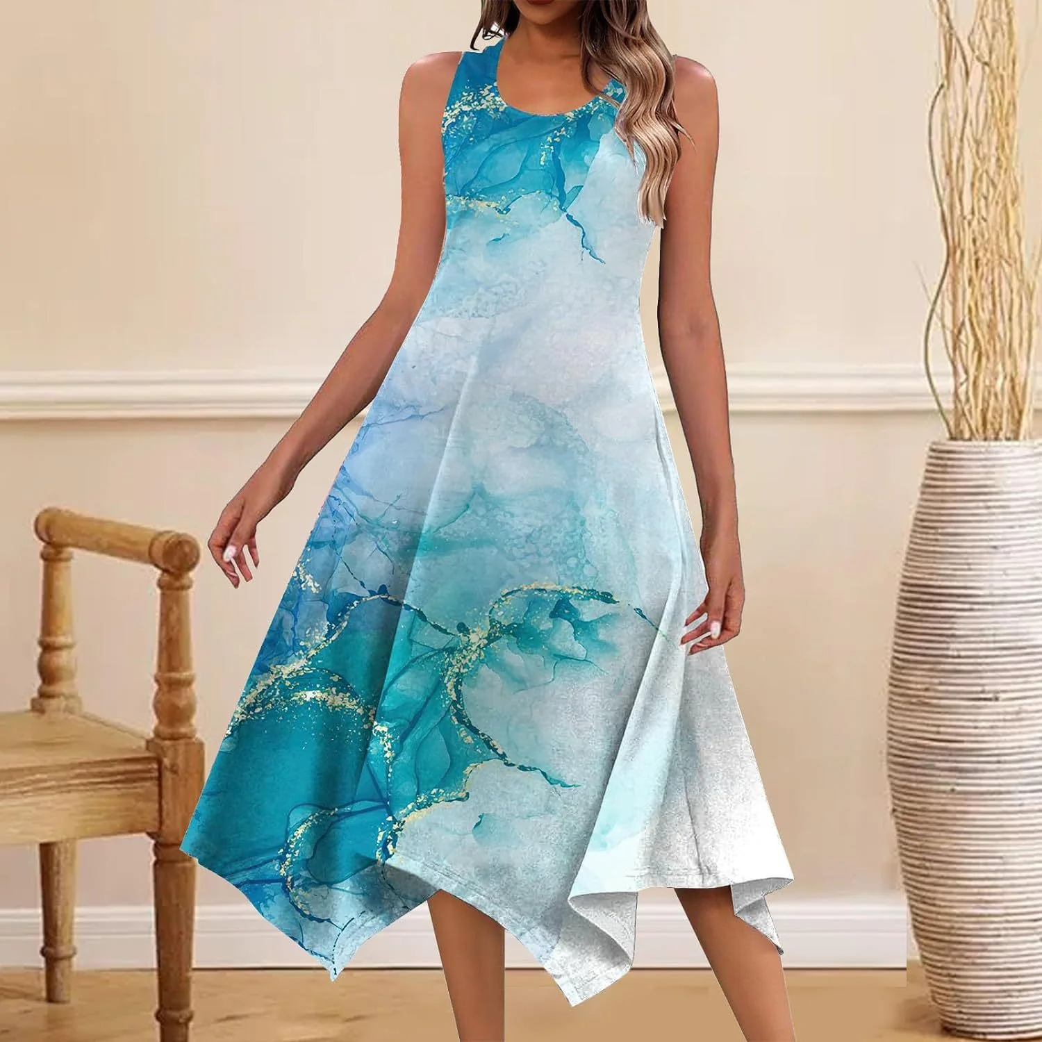 DEANWAQNGKT  Cross Border Women's Clothing  Summer Mid-Length Fashion New Printed Sleeveless Irregular Swing Dress - Deanwangkt