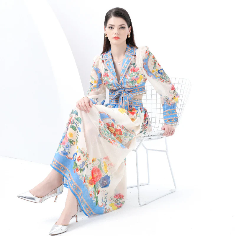 Popular, ,  New women's clothing vacation suit collar lace-up long-sleeved top + long high-waisted skirt - Deanwangkt