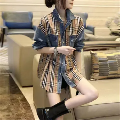 Autumn womens shirts designer blouse fashion plaid Splicing denim jacket long-sleeved shirts cardigan coat plus size - Deanwangkt
