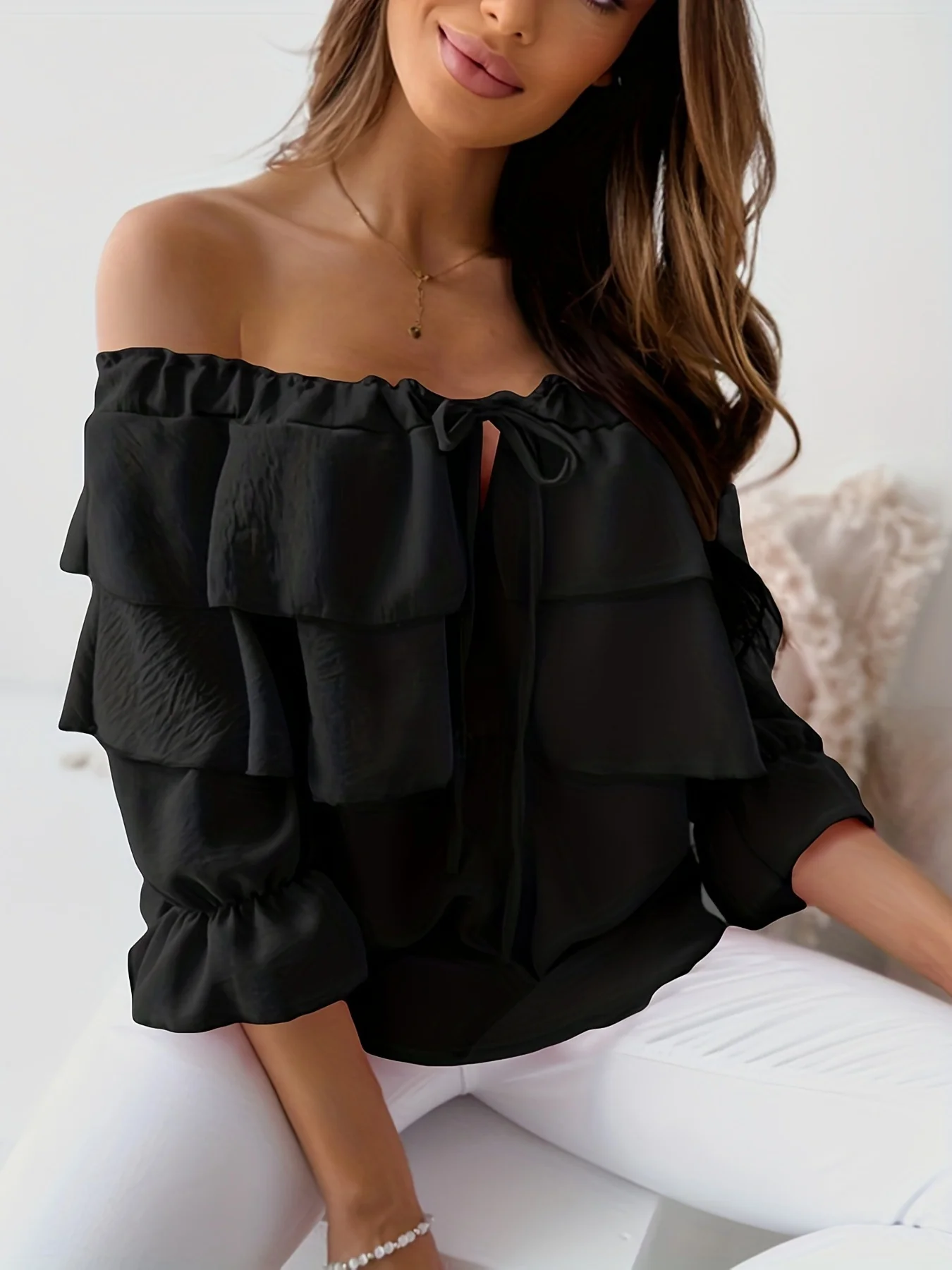 DEANWANGKT  Cross-Border off-the-Neck Chiffon Shirt Women's Elastic Shoulder Tied Lotus Leaf Top Women's Casual Loose Women's Sleeve - Deanwangkt