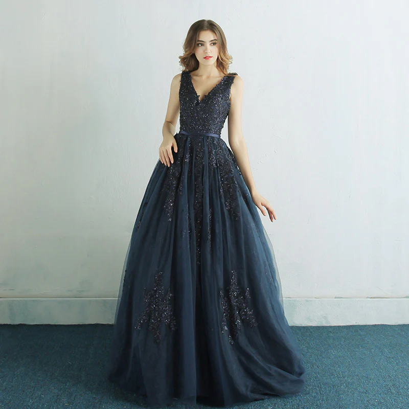 2025new temperament long navy blue dinner host slim small trailing dance evening dress dress - Deanwangkt