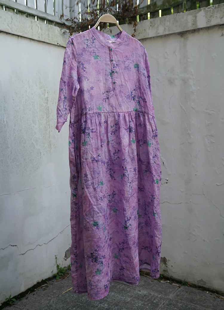 design national style ramie printing loose dress women's summer literary travel hemp dress L2098 - Deanwangkt