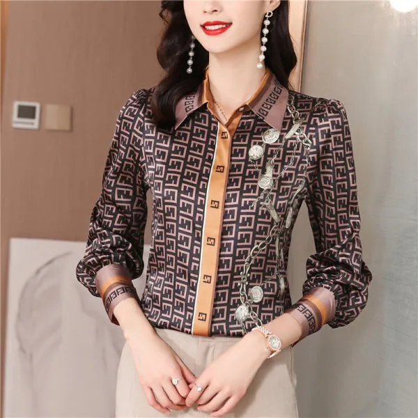 Printed Women Designer Lapel Shirts Silk Black Long Sleeve Elegant Fit Shirt Office Ladies Button Front Casual Satin Blouses Spring Fall Chic Slim Runway Tops - Deanwangkt