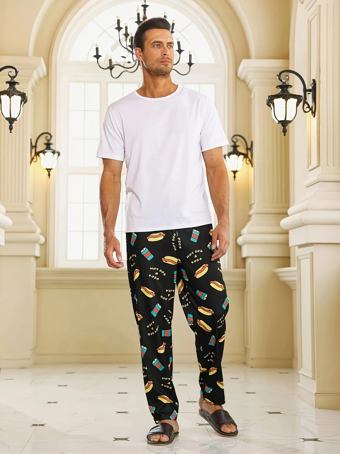 Men's Trendy Hamburger Soda Drinks Print Loose Pajama Pants, Stylish All-match Pants, Comfy & Breathable For Summer - Deanwangkt