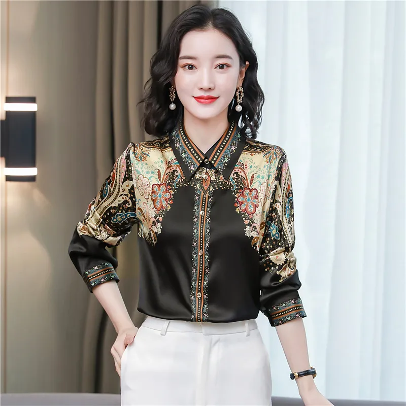Printed Women Designer Lapel Shirts Silk Black Long Sleeve Elegant Fit Shirt Office Ladies Button Front Casual Satin Blouses Spring Fall Chic Slim Runway Tops - Deanwangkt