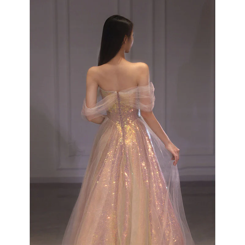 2025 One-word shoulder dress streamer skirt  new temperament long style banquet socialite host pink bridal toast dress - Deanwangkt