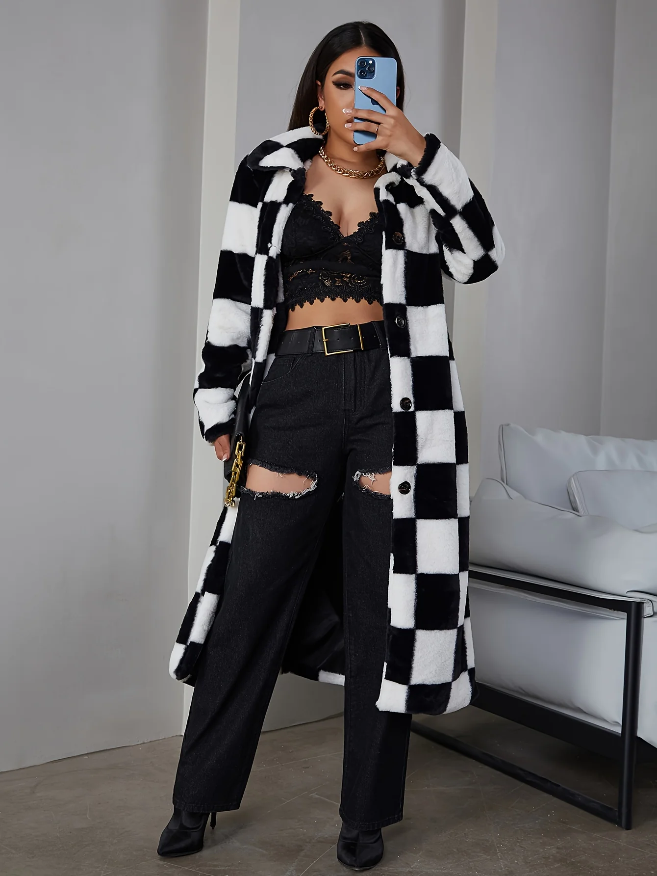 Stylish Plaid Faux Fur Long Sleeve Double Breasted Coat - Women's Winter Warm Fulffy Over Knee Length Outwear with Soft Faux Fur Lining and Adjustable Buttons - Perfect for Cold Weather - Deanwangkt