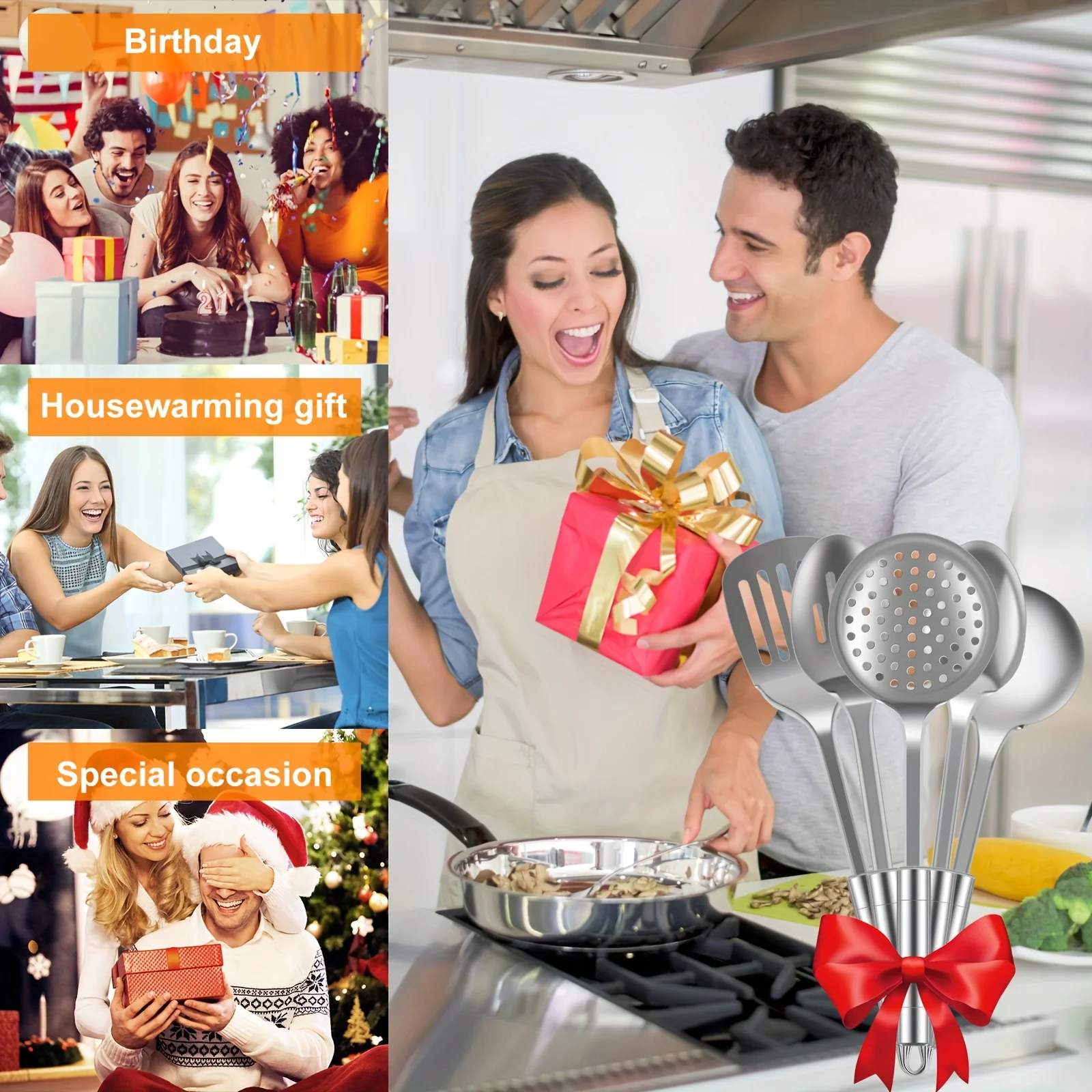 5pcs/set, Kitchen Utensil Set, Stainless Steel Spoons And Spatula Set With Ergonomic Handle, Safety Cooking Utensils Set, Non-Stick Kitchen Tools Set, Cooking Turner, Spatula, Cooking Soup Spoon, Colander Spoon, Kitchen Stuff, Kitchen Gadgets - Deanwangkt