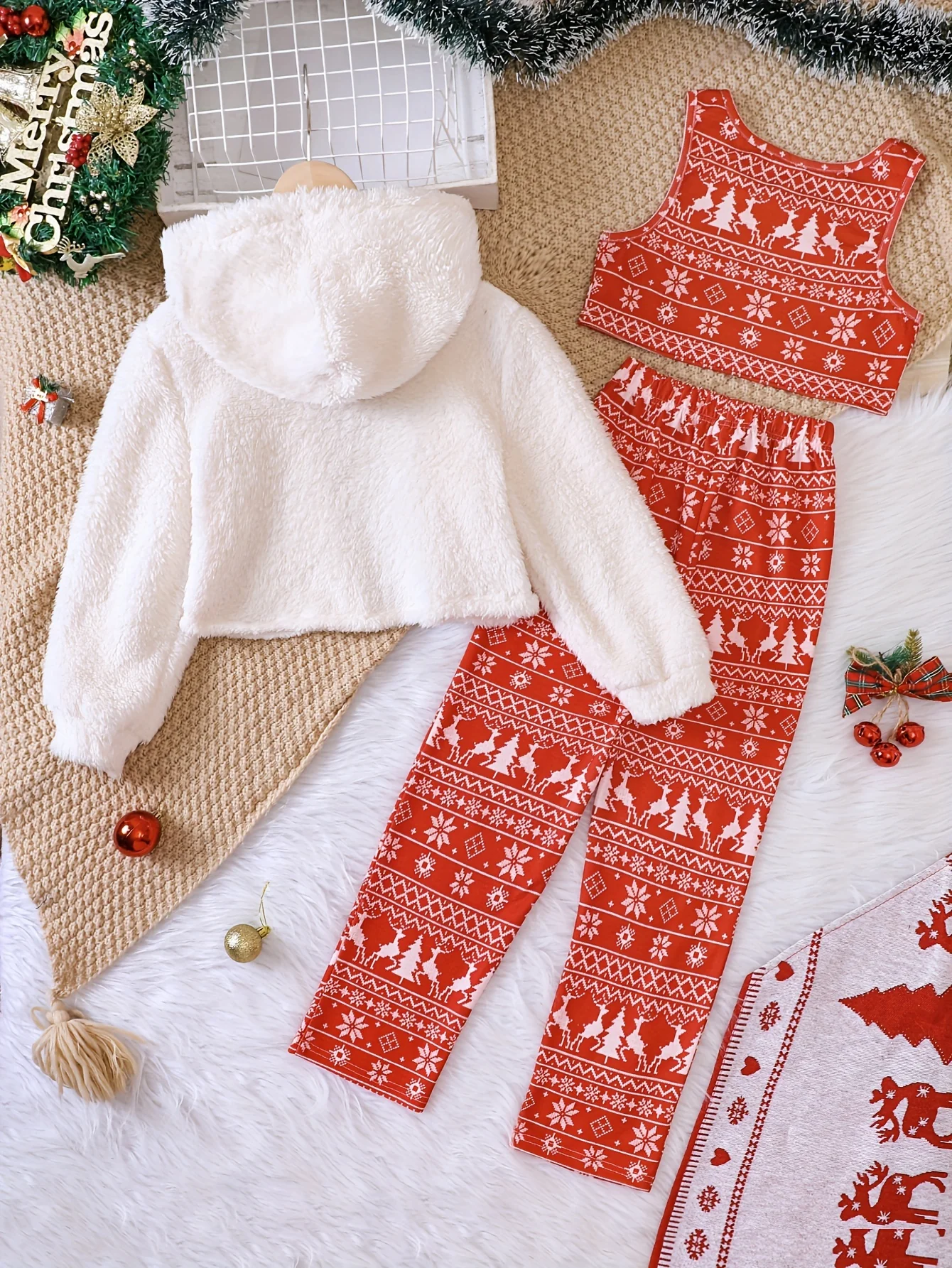 3pcs Set Plush Hooded Jacket + Tank Top + Pants Trendy & Warm Christmas Sets for Girls Kids Gift, Outdoor Casual Activities - Deanwangkt
