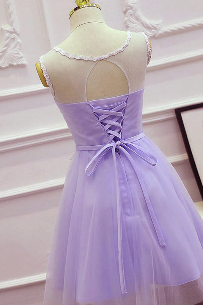 Solvbao Cute Light Purple Tulle Short Prom Dress, Lace Applique Formal Dress - Deanwangkt