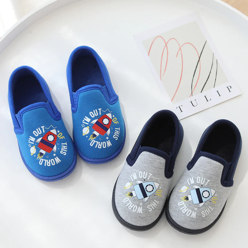 DEANWANGKT Cartoon Boy Rocket Thick Bottom Indoor Non-Slip Home Covered Heel Slippers Children's Cotton Cloth Pumps Foot Changing Floor Slippers - Deanwangkt