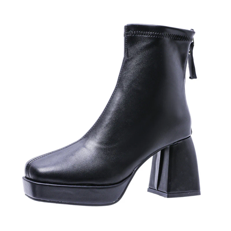 Square Toe Chunky Heel Temperament plus Size High-Heeled Boots with Short Tube Women's  Spring New  Martin Boots Fashion Leather Boots - Deanwangkt