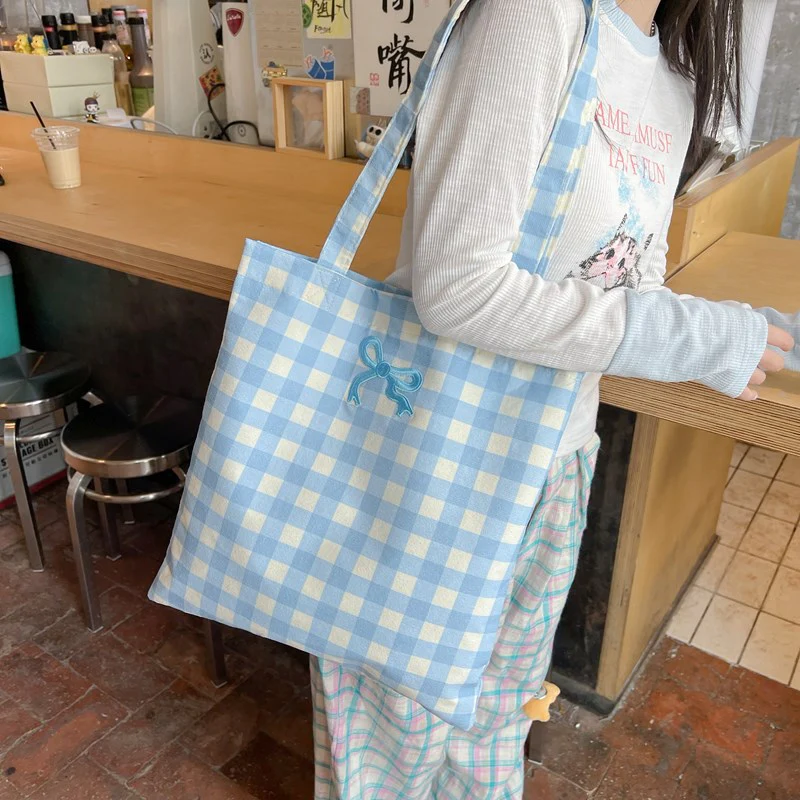 DEANWANGKT 2025 cute plaid shoulder bag popular new little fresh girl fabric tote bag soft cute plaid make-up bag - Deanwangkt