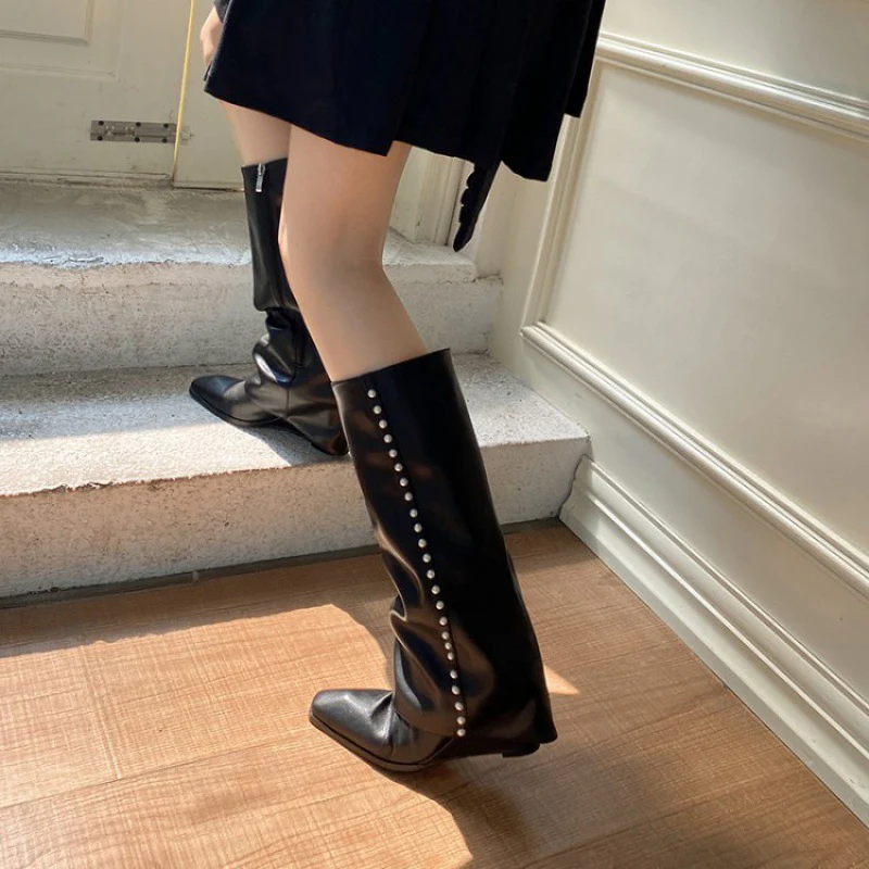 Autumn and Winter New Fashion Korean Style Pantyhose Boots below the Knee High Leg Boot Square Toe Wedge High Heel Pearl Boots - Deanwangkt