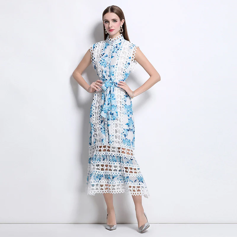 temperament high sense stand collar hollow embroidered lace splicing sleeveless waist thin elegant dress - Deanwangkt