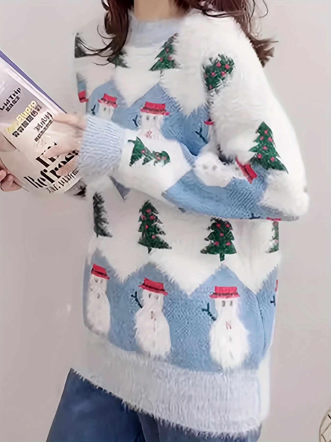 Women's Christmas Sweater, Polyester Knit Pullover, Round Neck, Festive Holiday Pattern, Autumn/Winter Fashion, Cozy Warm Sweatshirt for Ladies - Deanwangkt