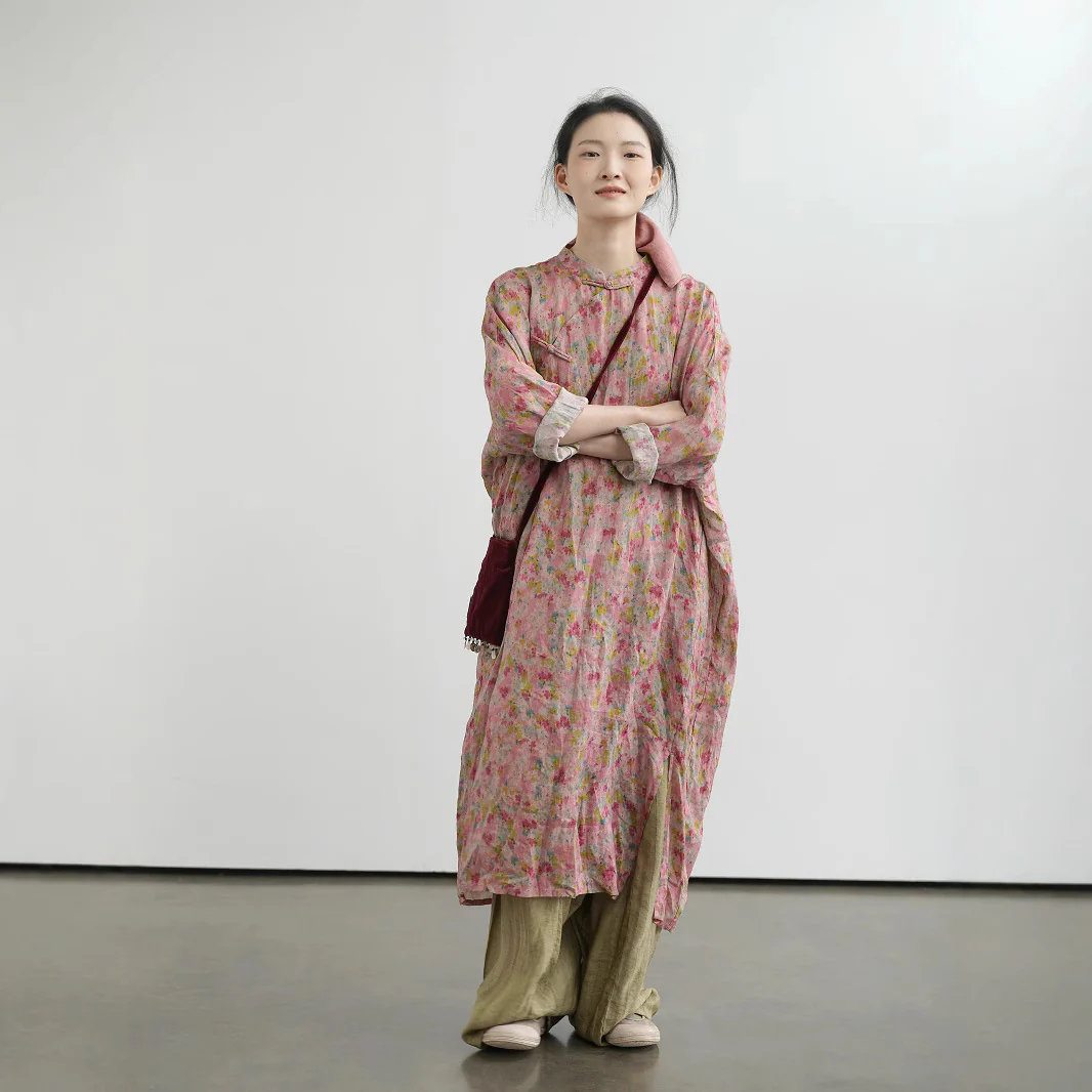 Original Chinese romantic floral cocoon ramie cheongsam, retro loose and clear robe dress L25060 - Deanwangkt