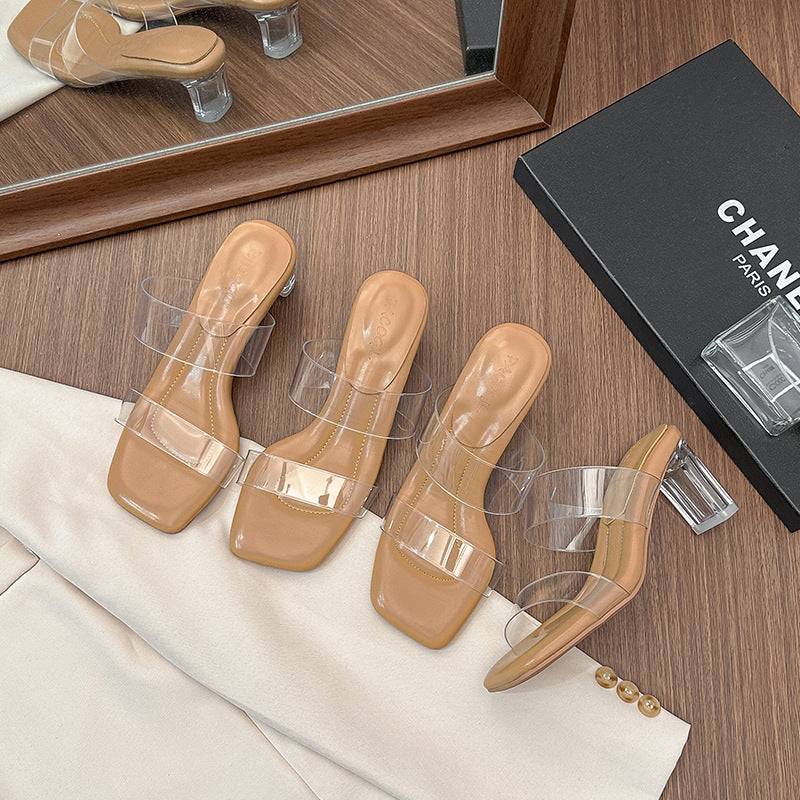 DEANWANGK  Drooping Sheepskin Transparent Sandals Women's Summer  New High Heels Crystal Heel Outer Wear Chunky Heel Sandals - Deanwangkt